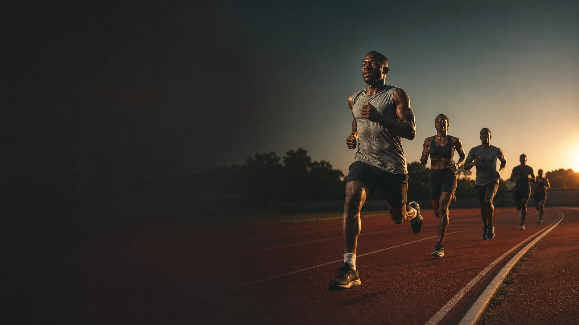 Atletas a correr numa pista ao amanhecer — desporto limpo e competitivo